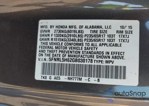 2016 Honda Odyssey Ex-L z USA, uszkodzony, nr VIN 5FNRL5H62GB030178
